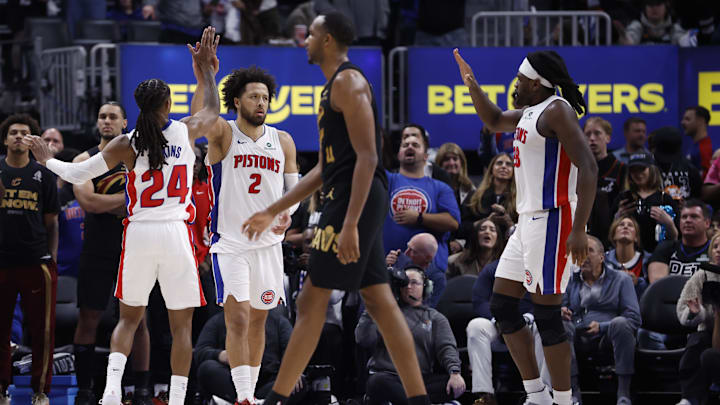 May 7, 2026; Detroit, Michigan, USA; Detroit Pistons guard Daniss Jenkins (24), guard Cade Cunningham (2) and forward Isaiah Stewart (28) celebrate in the second half against the Cleveland Cavaliers during game two of the second round of the 2026 NBA Playoffs at Little Caesars Arena. Mandatory Credit: Rick Osentoski-Imagn Images