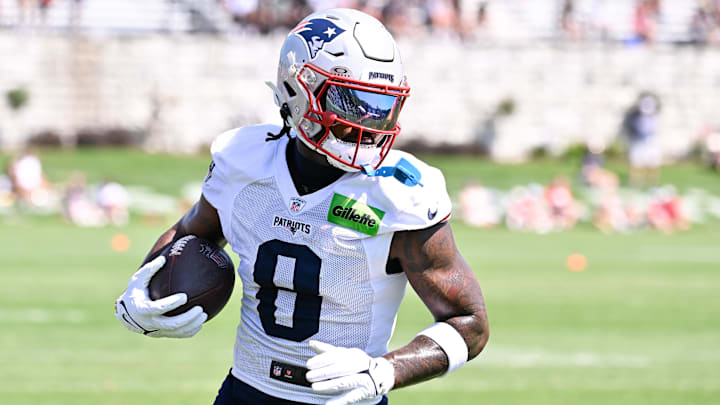 Jul 28, 2025; Foxborough, MA, USA; New England Patriots wide receiver Stefon Diggs (8) runs after the catch during training camp at Gillette Stadium. Mandatory Credit: Eric Canha-Imagn Images