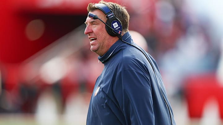 Nov 23, 2024; Piscataway, New Jersey, USA; Illinois Fighting Illini head coach Bret Bielema looks on during the first half against the Rutgers Scarlet Knights at SHI Stadium. Mandatory Credit: Vincent Carchietta-Imagn Images