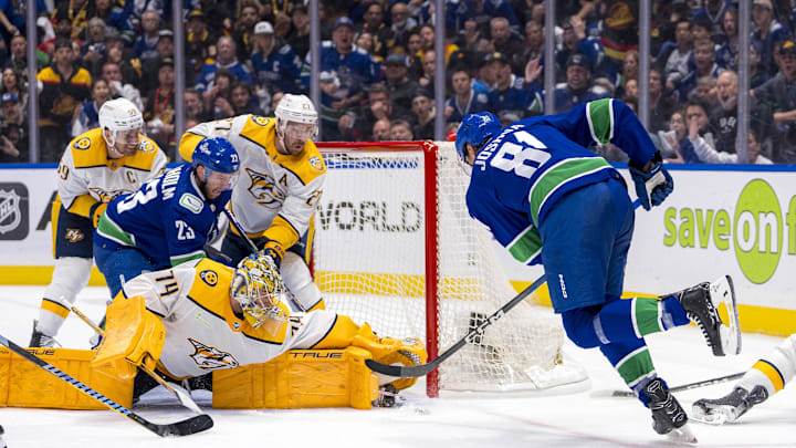 Apr 23, 2024; Vancouver, British Columbia, CAN; Nashville Predators defenseman Roman Josi (59) and