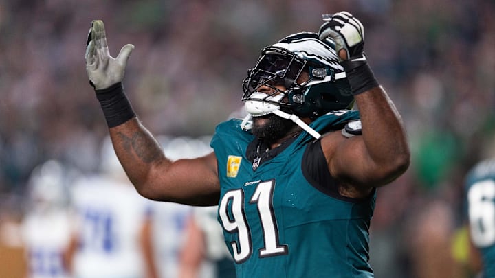 Nov 5, 2023; Philadelphia, Pennsylvania, USA; Philadelphia Eagles defensive tackle Fletcher Cox (91)