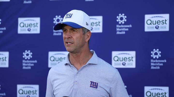 Jun 9, 2026; East Rutherford, NJ, USA; New York Giants head coach John Harbaugh answers questions from the press after the minicamp activities at Quest Diagnostics Center. Mandatory Credit: Thomas Salus-Imagn Images Jun 9, 2026; East Rutherford, NJ, USA; New York Giants head coach John Harbaugh answers questions from the press after the minicamp activities at Quest Diagnostics Center. Mandatory Credit: Thomas Salus-Imagn Images