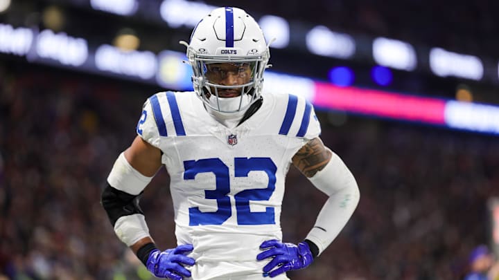 Nov 12, 2023; Frankfurt, Germany;  Indianapolis Colts safety Julian Blackmon (32) reacts after a