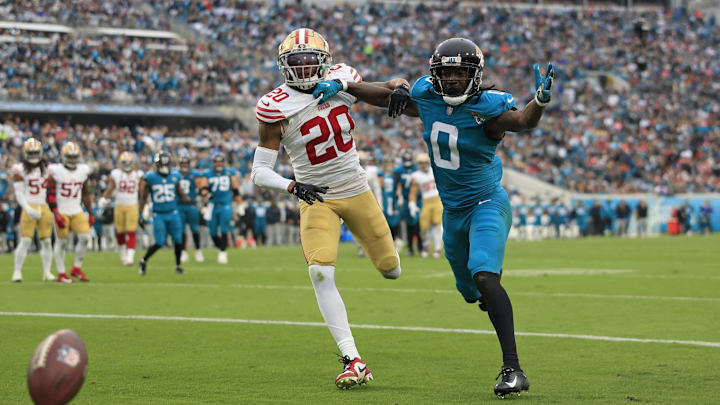 Jacksonville Jaguars WR Calvin Ridley (0) and San Francisco 49ers CB Ambry Thomas (20), Nov. 12, 2023 at EverBank Stadium in Jacksonville, Fla. 