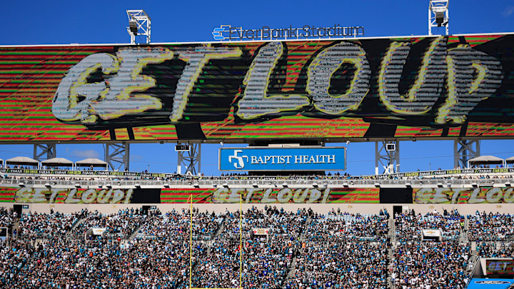 The stadium roars on a third down with the Jacksonville Jaguars in teal and the Indianapolis Colts in white during the third quarter of an NFL football matchup Sunday, Oct. 15, 2023 at EverBank Stadium in Jacksonville, Fla. The Jacksonville Jaguars defeated the Indianapolis Colts 37-20.