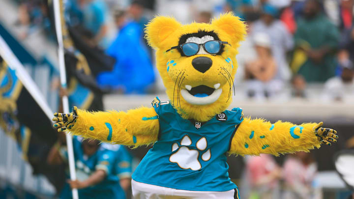 Jacksonville Jaguars mascot Jaxson de Ville runs on the field before an NFL football matchup Sunday, Oct. 6, 2024 at EverBank Stadium in Jacksonville, Fla. The Jaguars edged the Colts on a field goal 37-34. [Corey Perrine/Florida Times-Union]