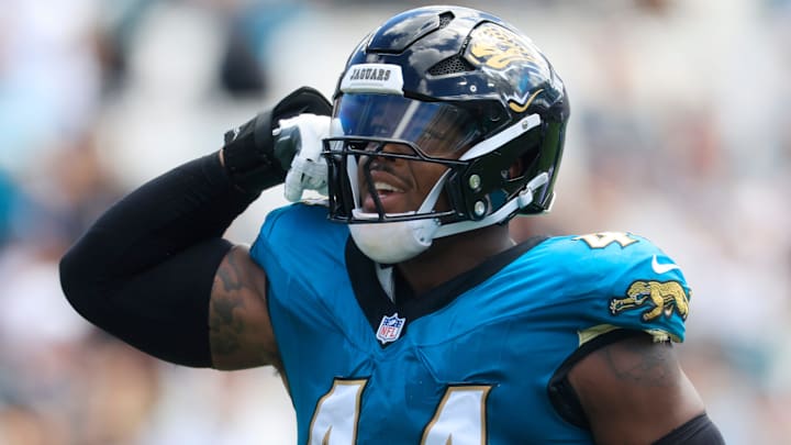 Jacksonville Jaguars defensive end Travon Walker (44) flexes after a sack on Houston Texans quarterback CJ. Stroud (7) during the first quarter of an NFL football matchup at EverBank Stadium, Sunday, Sept. 21, 2025, in Jacksonville, Fla. The Jaguars defeated the Texans 17-10.