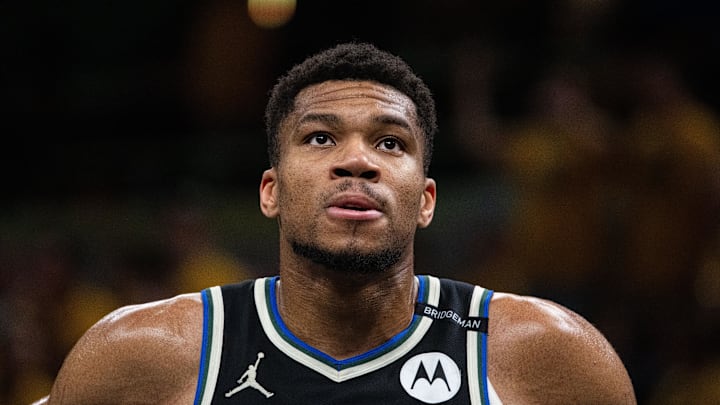 Apr 29, 2025; Indianapolis, Indiana, USA; Milwaukee Bucks forward Giannis Antetokounmpo (34) during game five of the first round for the 2024 NBA Playoffs against the Indiana Pacers at Gainbridge Fieldhouse. Mandatory Credit: Trevor Ruszkowski-Imagn Images