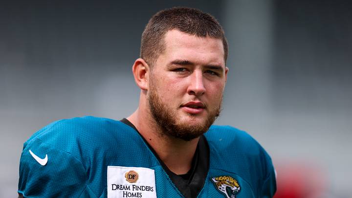Aug 3, 2026; Jacksonville, FL, USA; Jacksonville Jaguars guard Wyatt Milum (64) participates in training camp at Miller Electric Center. Mandatory Credit: Nathan Ray Seebeck-Imagn Images