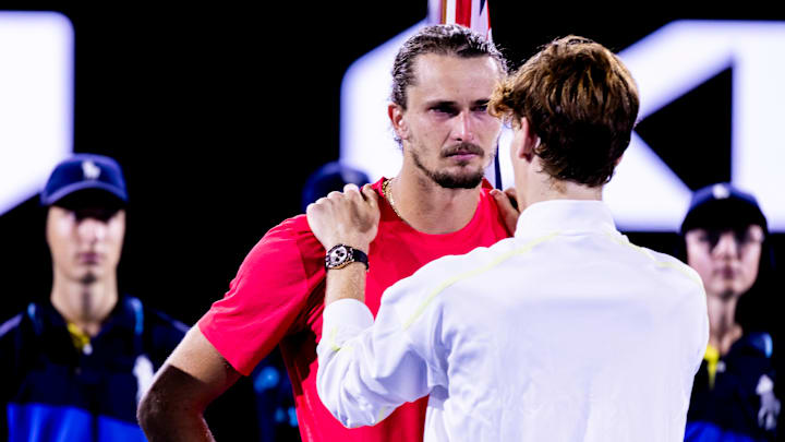 Jannik Sinner of italy speaks to Alexander Zverev of Germany after Men s Singles Final of the 2025 Australian Open on January 26 2025, at Melbourne Park in Melbourne, Australia.