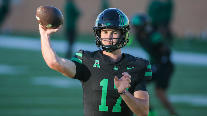 Oct 10, 2025; Denton, Texas, USA; North Texas Mean Green quarterback Drew Mestemaker (17) warms up prior to a game against the South Florida Bulls at DATCU Stadium. Mandatory Credit: Raymond Carlin III-Imagn Images Oct 10, 2025; Denton, Texas, USA; North Texas Mean Green quarterback Drew Mestemaker (17) warms up prior to a game against the South Florida Bulls at DATCU Stadium. Mandatory Credit: Raymond Carlin III-Imagn Images