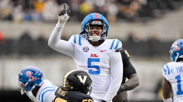 Oct 10, 2026; Nashville, Tennessee, USA;  Mississippi Rebels defensive end Kam Franklin (5) celebrates the tackle for loss against the Vanderbilt Commodores during the first half at FirstBank Stadium.  Mandatory Credit: Steve Roberts-Imagn Images