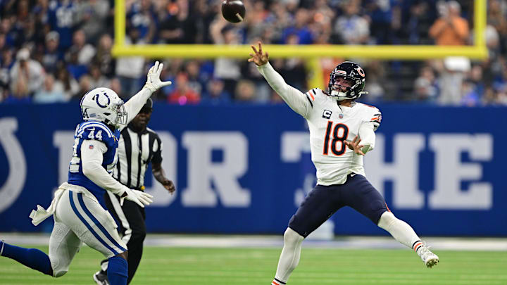 Caleb Williams throws over Zaire Franklin en route to a Bears rookie record for passing yards with 363. Caleb Williams throws over Zaire Franklin en route to a Bears rookie record for passing yards with 363.