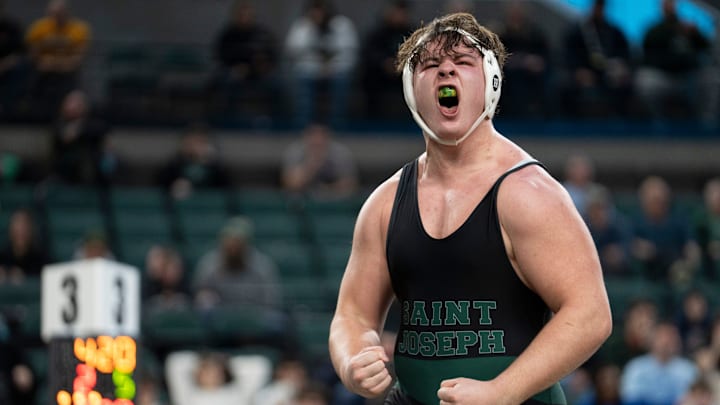 St. Joseph’s Cristian Alvarez celebrates after defeating Bergen Catholic’s Benjamin Shue in a semifinal 285lb match during day two of the NJSIAA individual wrestling state championships at Boardwalk Hall in Atlantic City on Friday, March 7, 2025.