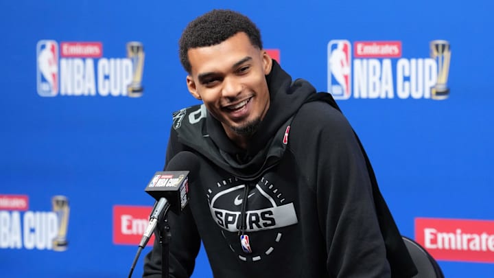 Dec 15, 2025; Las Vegas, NV, USA; San Antonio Spurs forward Victor Wembanyama (1) at press conference prior to the Emirates NBA Cup championship at the T-Mobile Arena. Mandatory Credit: Kirby Lee-Imagn Images Dec 15, 2025; Las Vegas, NV, USA; San Antonio Spurs forward Victor Wembanyama (1) at press conference prior to the Emirates NBA Cup championship at the T-Mobile Arena. Mandatory Credit: Kirby Lee-Imagn Images
