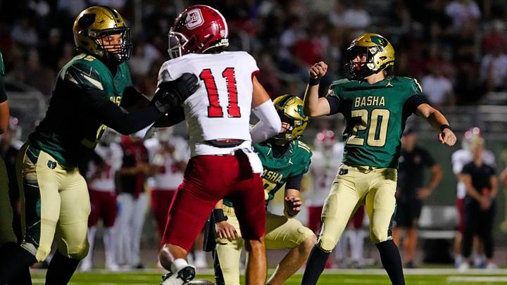 Basha kicker Mikey Barth makes a field goal during a game against Orange Lutheran (CA) at Basha High School in Chandler, on Sept. 5, 2025. Basha kicker Mikey Barth makes a field goal during a game against Orange Lutheran (CA) at Basha High School in Chandler, on Sept. 5, 2025.