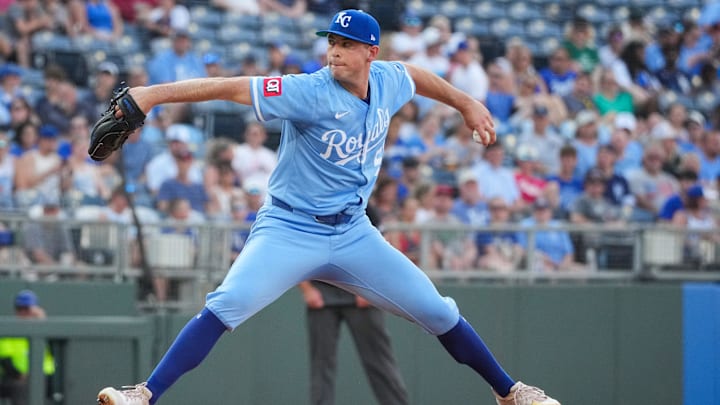 Jul 26, 2025; Kansas City, Missouri, USA; Kansas City Royals starting pitcher Kris Bubic (50) delivers a pitch against the Cleveland Guardians during the first inning at Kauffman Stadium. Mandatory Credit: Denny Medley-Imagn Images