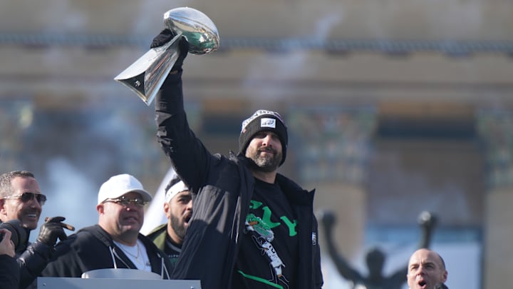 Feb 14, 2025; Philadelphia, PA, USA; Philadelphia Eagles head coach Nick Sirianni raises the Vince Lombardi Trophy during the Super Bowl LIX championship parade and rally. Mandatory Credit: Kirby Lee-Imagn Images