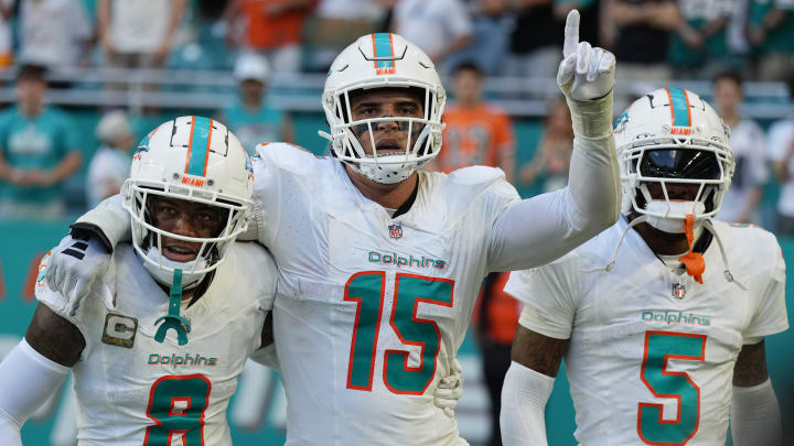 Miami Dolphins linebacker Jaelan Phillips (15) celebrates an interception during the second half of Miami Dolphins linebacker Jaelan Phillips (15) celebrates an interception during the second half of