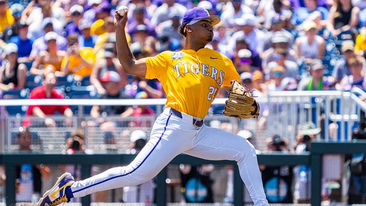 Jun 22, 2025; Omaha, Neb, USA; LSU Tigers starting pitcher Anthony Eyanson (24) pitches against the Coastal Carolina Chanticleers during the first inning at Charles Schwab Field. Mandatory Credit: Dylan Widger-Imagn Images Jun 22, 2025; Omaha, Neb, USA; LSU Tigers starting pitcher Anthony Eyanson (24) pitches against the Coastal Carolina Chanticleers during the first inning at Charles Schwab Field. Mandatory Credit: Dylan Widger-Imagn Images