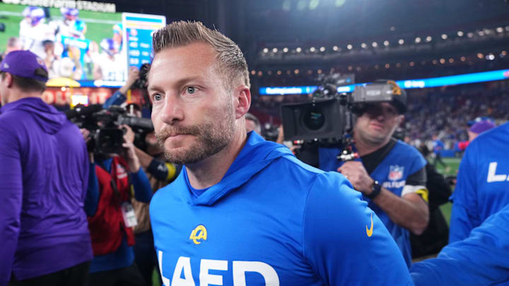 Jan 13, 2025; Glendale, AZ, USA; Los Angeles Rams head coach Sean McVay after the NFC wild card game against the Minnesota Vikings at State Farm Stadium. Mandatory Credit: Joe Camporeale-Imagn Images