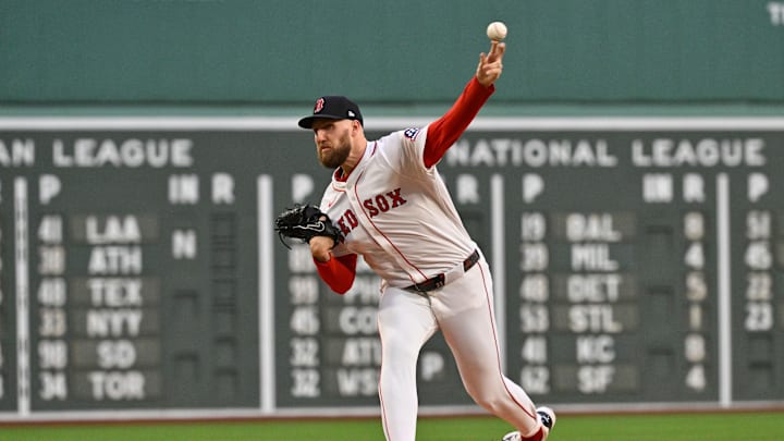 May 21, 2025; Boston, Massachusetts, USA;  Boston Red Sox starting pitcher Garrett Crochet (35) pitches against the New York Mets during the first inning at Fenway Park. Mandatory Credit: Eric Canha-Imagn Images