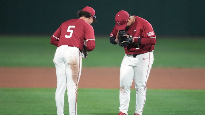 Mar 1, 2025; Stanford, CA, USA; Stanford Cardinal first baseman Rintaro Sasaki (right) and third baseman Trevor Haskins (5) celebrate after defeating the Xavier Musketeers at Sunken Diamond. Mandatory Credit: Darren Yamashita-Imagn Images