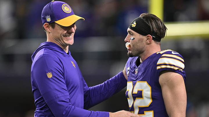 Nov 27, 2023; Minneapolis, Minnesota, USA; Minnesota Vikings head coach Kevin O'Connell greets safety Harrison Smith (22) before the game between the Minnesota Vikings and the Chicago Bears at U.S. Bank Stadium. 