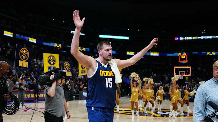 Denver Nuggets center Nikola Jokic (15) following the win over the Dallas Mavericks at Ball Arena. Denver Nuggets center Nikola Jokic (15) following the win over the Dallas Mavericks at Ball Arena.