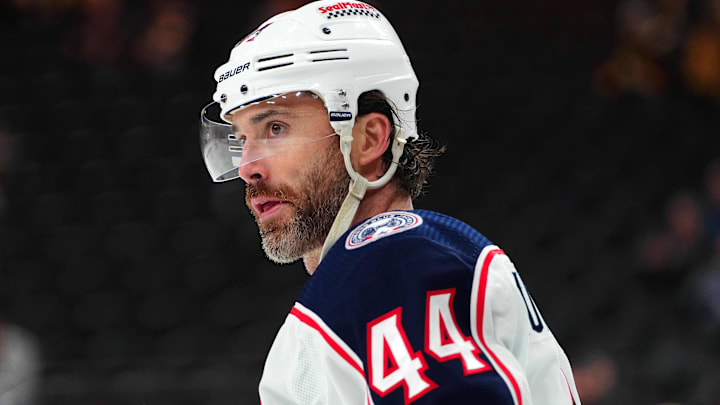 Mar 23, 2024; Las Vegas, Nevada, USA; Columbus Blue Jackets defenseman Erik Gudbranson (44) warms up before a game against the Vegas Golden Knights at T-Mobile Arena. Mandatory Credit: Stephen R. Sylvanie-Imagn Images