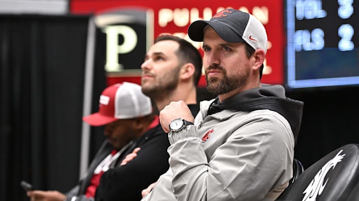 Jan 25, 2025; Pullman, Washington, USA; Washington State Cougars head football coach Jimmy Rogers looks on during a Washington State mens basketball game against the St. Mary's Gaels in the second half at Friel Court at Beasley Coliseum. St. Mary's won 80-75. Mandatory Credit: James Snook-Imagn Images