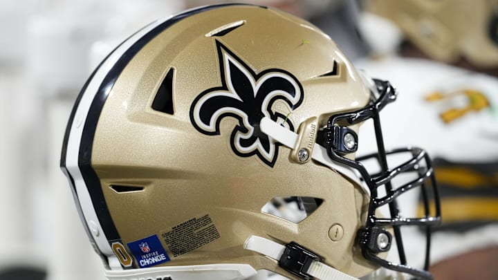 Dec 23, 2024; Green Bay, Wisconsin, USA;  General view of a New Orleans Saints helmet during the game against the Green Bay Packers at Lambeau Field. Mandatory Credit: Jeff Hanisch-Imagn Images