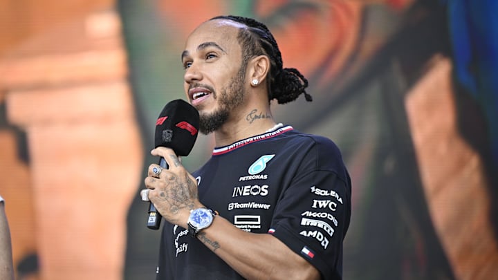 Oct 19, 2024; Austin, Texas, USA; Mercedes AMG Petronas F1 Team driver Lewis Hamilton (44) of Team Great Britain speaks to the crowd during a fan forum before the Sprint Race in the 2024 Formula One US Grand Prix at Circuit of the Americas. Mandatory Credit: Jerome Miron-Imagn Images