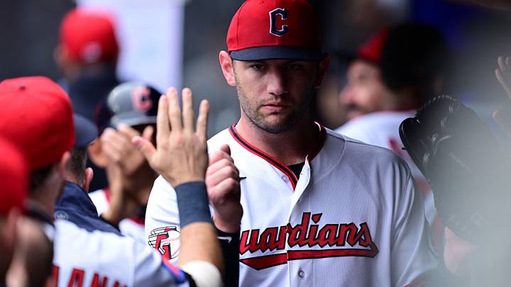 Sep 20, 2026; Cleveland, Ohio, USA;  Cleveland Guardians starting pitcher Gavin Williams (32) is congratulated in the dugout during the first inning against the Athletics at Progressive Field.  Mandatory Credit: David Dermer-Imagn Images