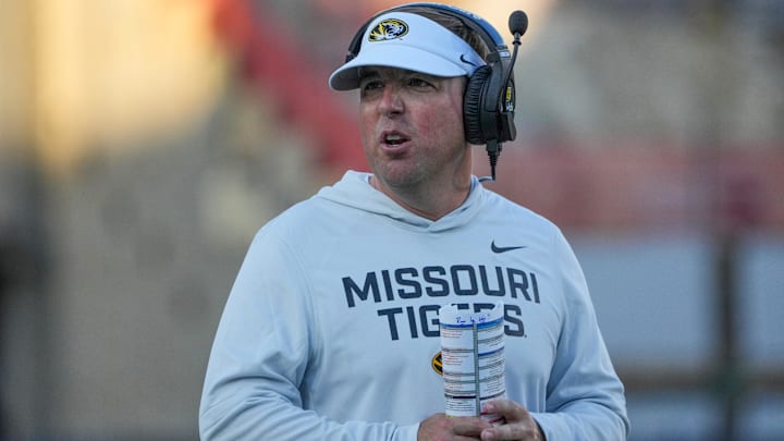 Aug 28, 2025; Columbia, Missouri, USA; Missouri Tigers head coach Eli Drinkwitz on field against the Central Arkansas Bears during the first half of the game at Faurot Field at Memorial Stadium. Mandatory Credit: Denny Medley-Imagn Images