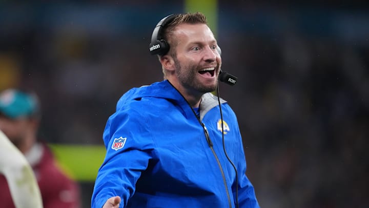 Oct 19, 2025; London, United Kingdom; Los Angeles Rams head coach Sean McVay reacts after a play against the Jacksonville Jaguars during the second half of an NFL International Series game at Wembley Stadium. Mandatory Credit: Kirby Lee-Imagn Images