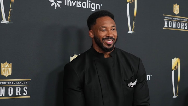Feb 6, 2025; New Orleans, LA, USA; Myles Garrett on the red carpet before Super Bowl LIX NFL Honors at Saenger Theatre. Mandatory Credit: Kirby Lee-Imagn Images Feb 6, 2025; New Orleans, LA, USA; Myles Garrett on the red carpet before Super Bowl LIX NFL Honors at Saenger Theatre. Mandatory Credit: Kirby Lee-Imagn Images