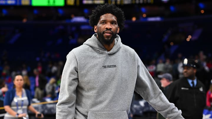 Mar 14, 2025; Philadelphia, Pennsylvania, USA; Philadelphia 76ers center Joel Embiid looks on after the game against the Indiana Pacers at Wells Fargo Center. Mandatory Credit: Kyle Ross-Imagn Images