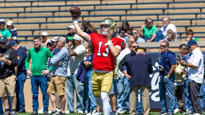 Apr 25, 2026; Notre Dame, IN, USA; Notre Dame Fighting Irish quarterback CJ Carr (13) warms up before the Blue-Gold game at Notre Dame Stadium. Mandatory Credit: Michael Caterina-Imagn Images