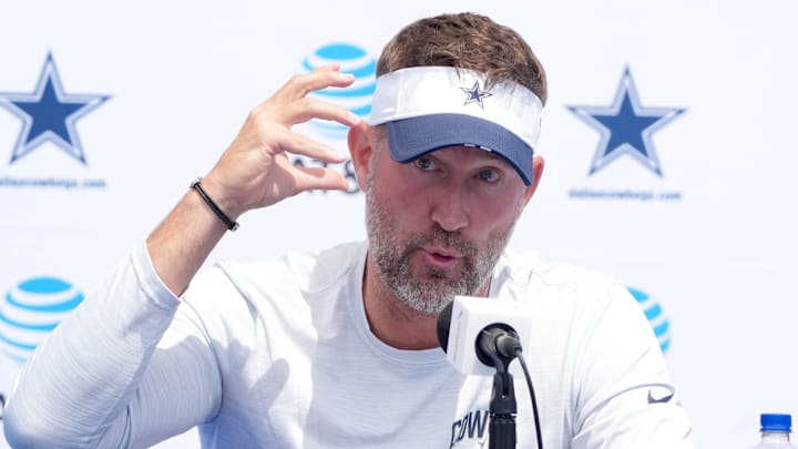 Dallas Cowboys coach Brian Schottenheimer at training camp press conference at the River Ridge Fields.