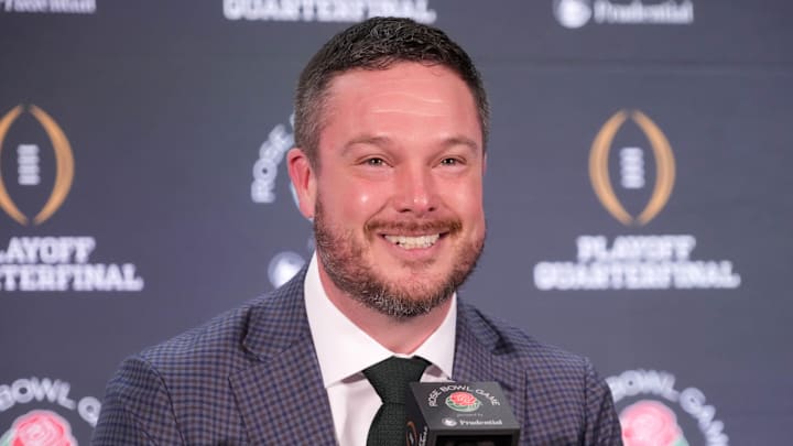 Dec 31, 2024; Los Angeles, California, USA; Oregon Ducks head coach Dan Lanning during the Rose Bowl head coaches press conference at Sheraton Grand LA. Mandatory Credit: Kirby Lee-Imagn Images