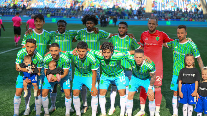 May 28, 2025; Seattle, Washington, USA; The Seattle Sounders FC starting eleven pose for a photo prior to the game against San Diego FC during the first half at Lumen Field. Mandatory Credit: Steven Bisig-Imagn Images