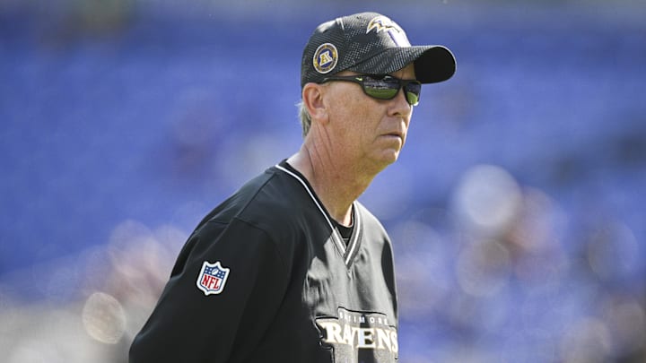 Oct 13, 2024; Baltimore, Maryland, USA;  Baltimore Ravens offensive coordinator Todd Monken on the field before the game against the Washington Commanders at M&T Bank Stadium. Mandatory Credit: Tommy Gilligan-Imagn Images