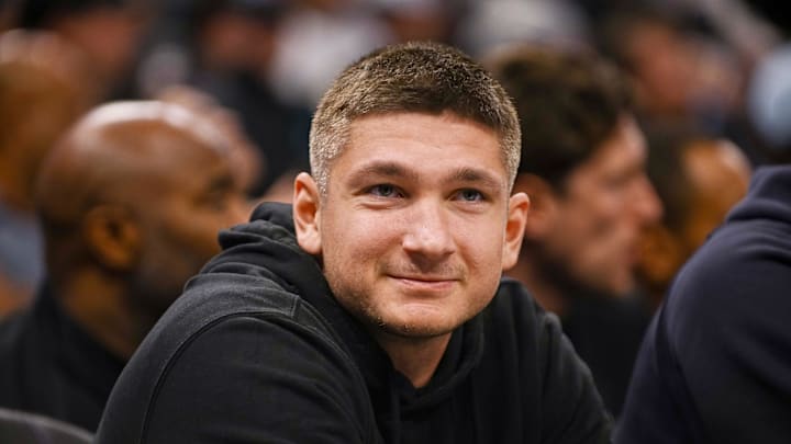 Nov 26, 2025; Sacramento, California, USA; Phoenix Suns guard Grayson Allen (8) looks on from the bench during the first quarter of the game against the Sacramento Kings at Golden 1 Center. Mandatory Credit: Ed Szczepanski-Imagn Images