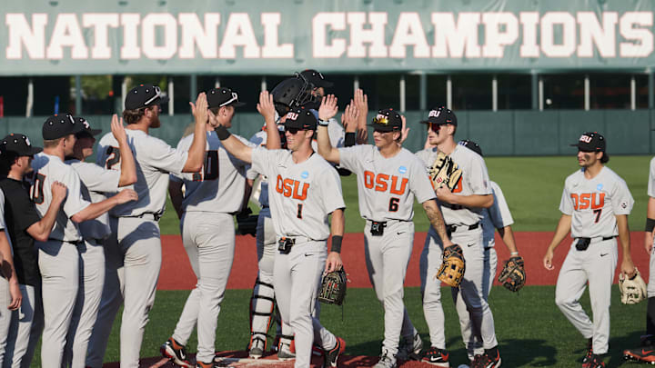 Jun 1, 2025; Corvallis, OR, USA; Oregon St. outfielder Gavin Turley (1) leads the outfield players in high fives after beating Saint Mary's at the NCAA Corvallis Regional at Goss Stadium. Mandatory Credit: Troy Wayrynen-Imagn Images