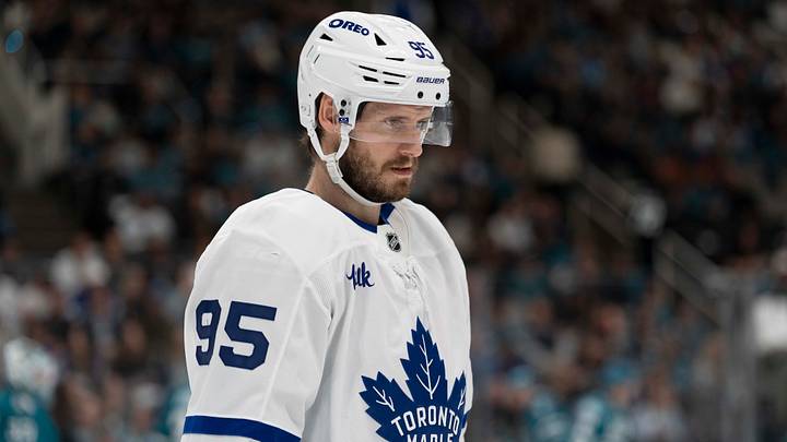 Apr 2, 2026; San Jose, California, USA;  Toronto Maple Leafs defenseman Oliver Ekman-Larsson (95) during the first period against the San Jose Sharks at SAP Center at San Jose. Mandatory Credit: Stan Szeto-Imagn Images