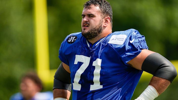 Indianapolis Colts offensive tackle Matt Goncalves (71) stands on the field Monday, Aug. 11, 2025, during Indianapolis Colts Training Camp at Grand Park in Westfield.