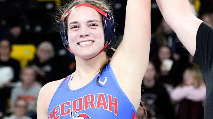 Decorah’s Anastasia Simon was one of two unranked Iowa wrestlers to pull upsets and win a title at the Brian Keck Memorial Preseason Nationals.