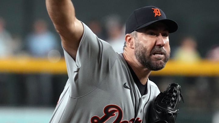 Mar 30, 2026; Phoenix, Arizona, USA; Detroit Tigers pitcher Justin Verlander (35) throws against the Arizona Diamondbacks in the first inning at Chase Field. Mandatory Credit: Rick Scuteri-Imagn Images
