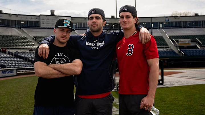 Portland Sea Dogs players (left to right) Kyle Teel, Marcelo Mayer and Roman Anthony pose for a picture prior to a game at Hadlock Field in Portland, Maine on Friday, May 10, 2024.